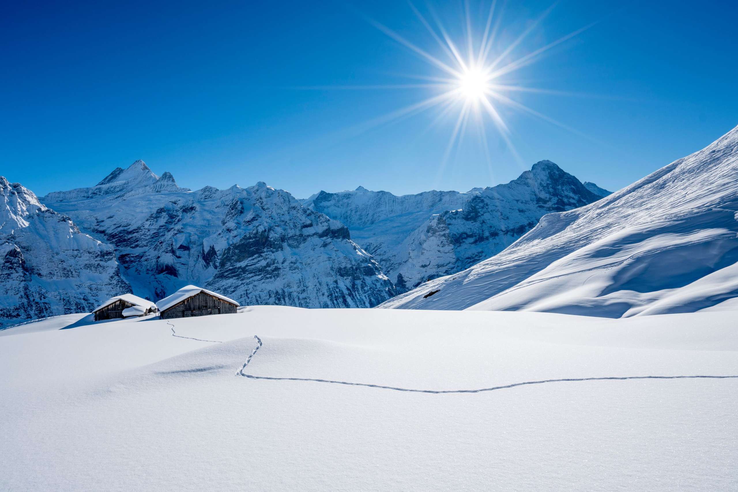Two alpine huts amidst the imposing winter landscape with the Fiescherhorn and Schreckhorn on Grindelwald First.