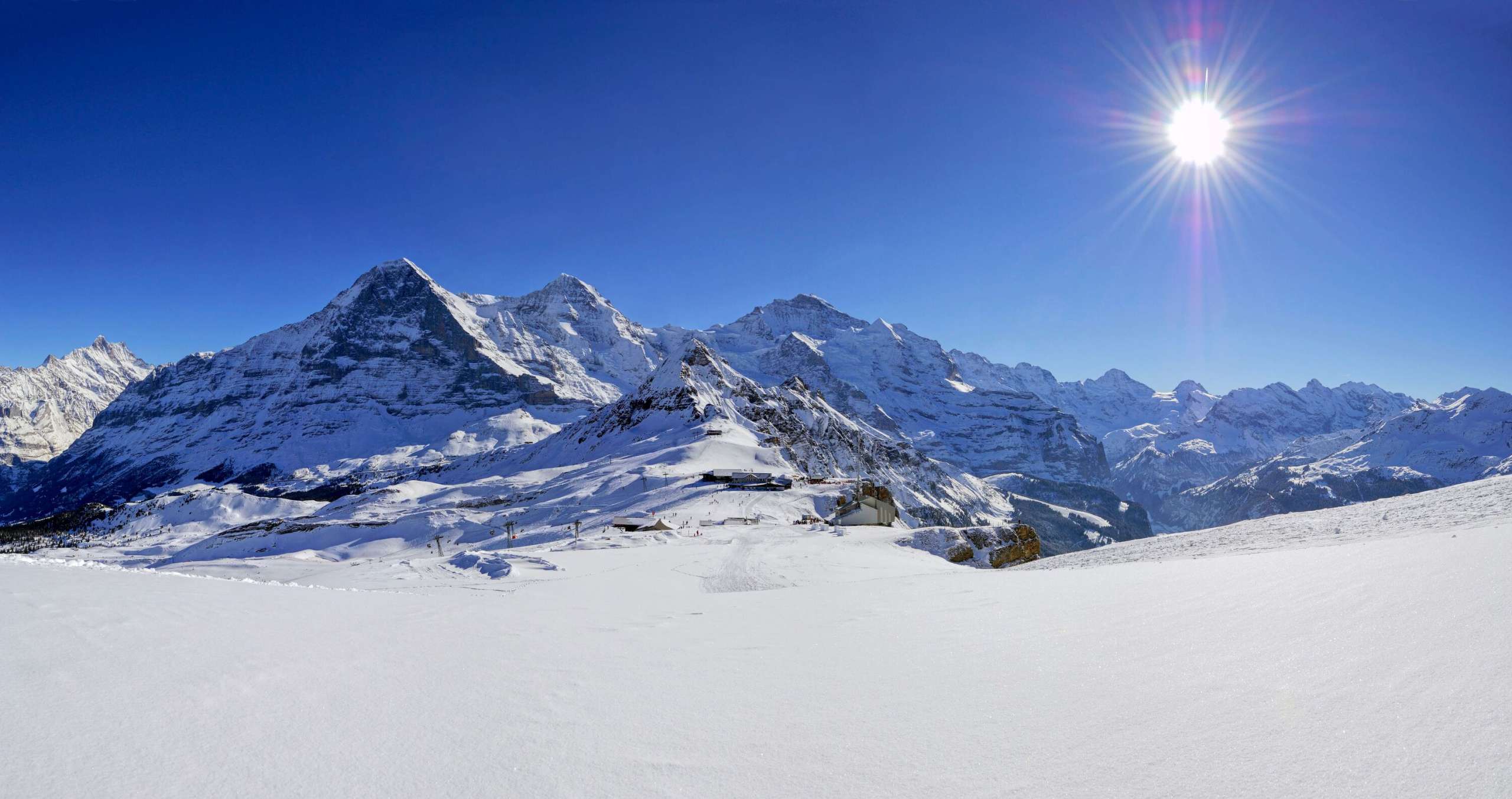 Breathtaking winter landscape on the Männlichen. The view shows the Eiger, Mönch and Jungfrau triumvirate from their most beautiful side.